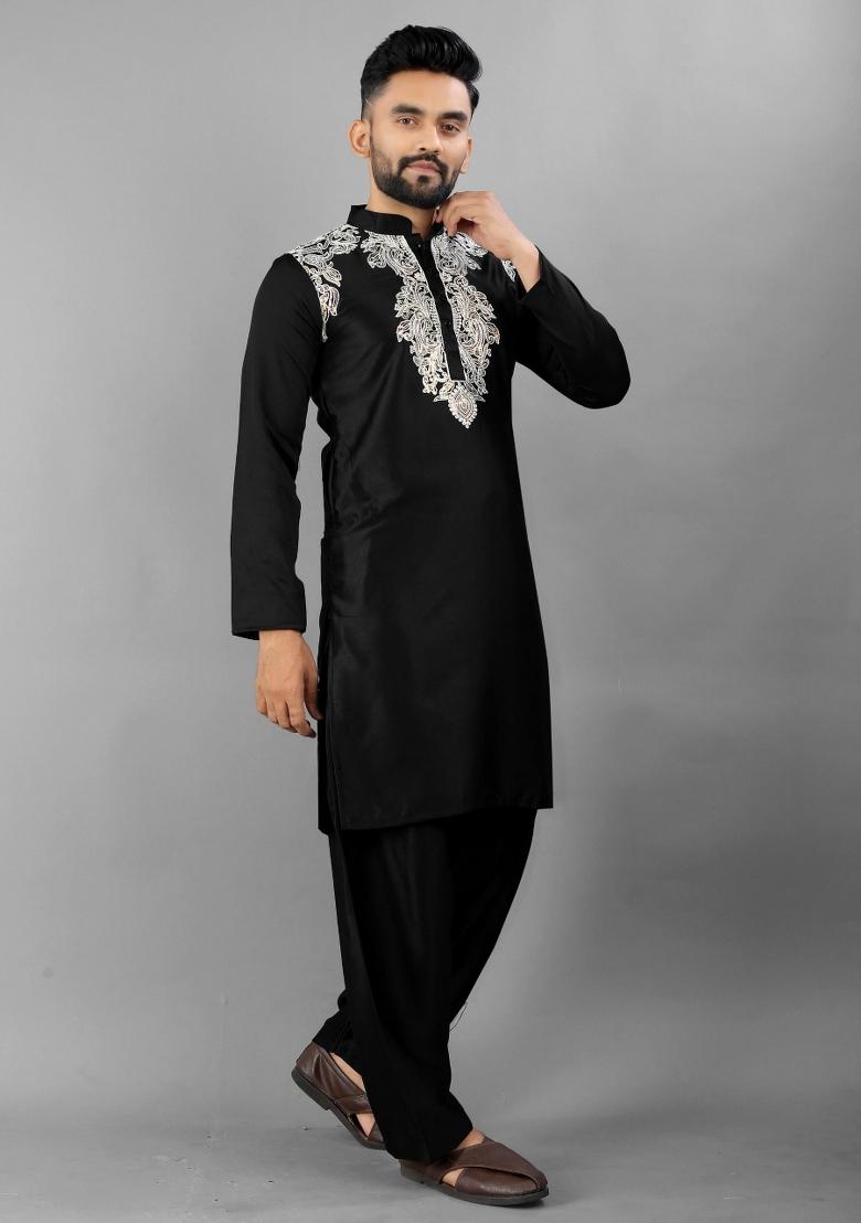 Black Embroidered Silk Kurta With Pyjama For Men - Indya