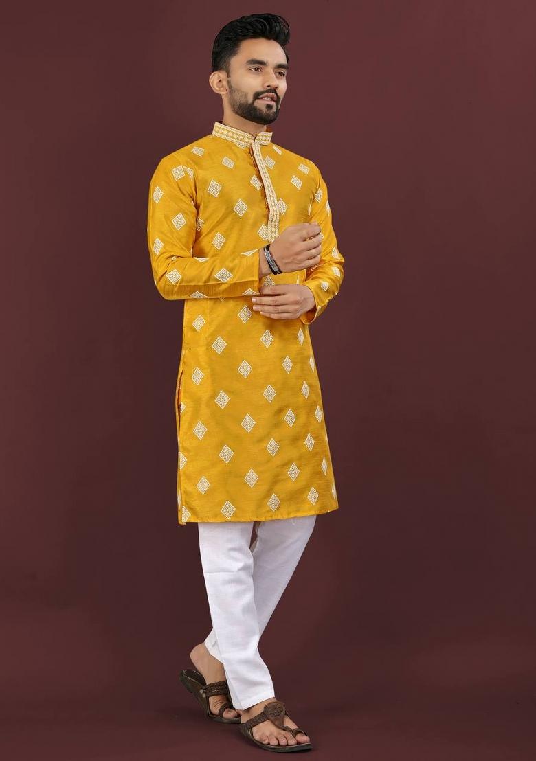 Yellow Sequins Work Silk Kurta With Pyjama For Men - Indya