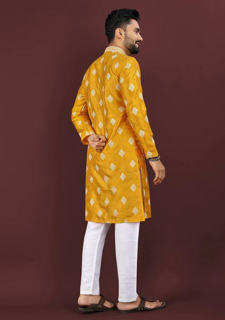 Yellow Sequins Work Silk Kurta With Pyjama For Men