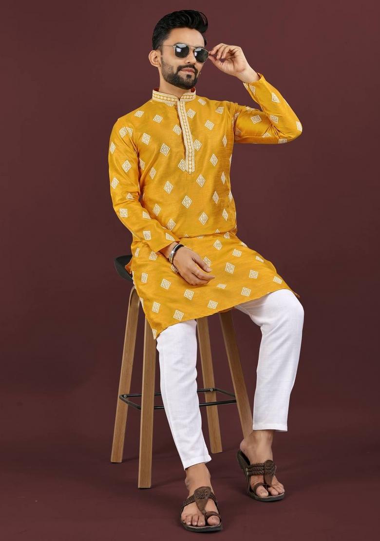 Yellow Sequins Work Silk Kurta With Pyjama For Men - Indya