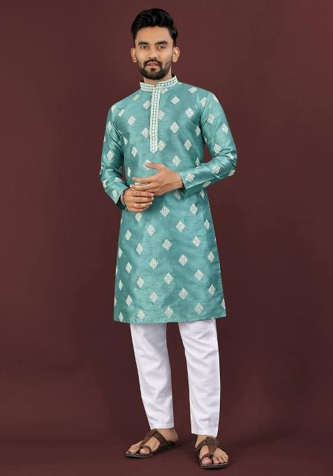 Blue Sequins Work Silk Kurta With Pyjama For Men