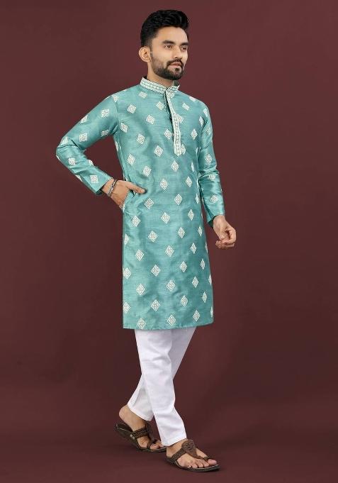 Blue Sequins Work Silk Kurta With Pyjama For Men