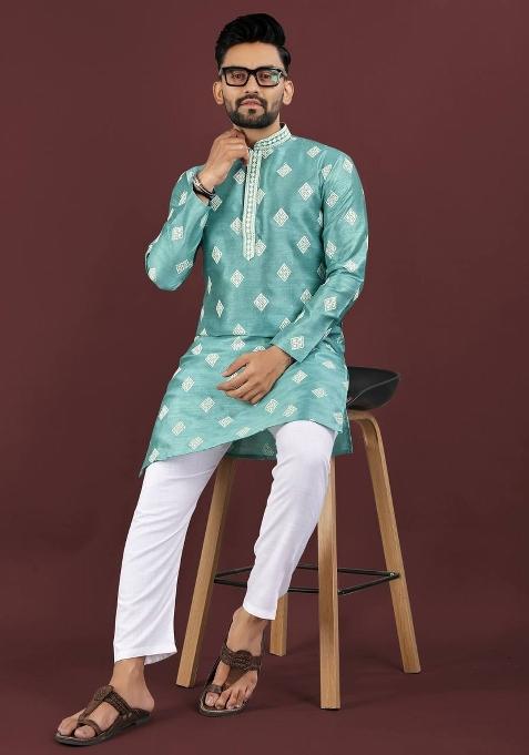 Blue Sequins Work Silk Kurta With Pyjama For Men