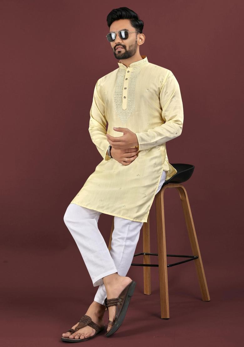Yellow Sequins Work Viscose Silk Kurta With Pyjama For Men - Indya