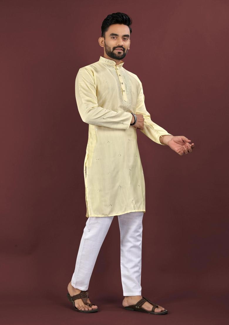 Yellow Sequins Work Viscose Silk Kurta With Pyjama For Men
