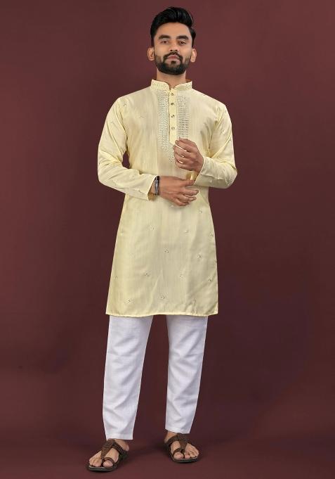 Yellow Sequins Work Viscose Silk Kurta With Pyjama For Men