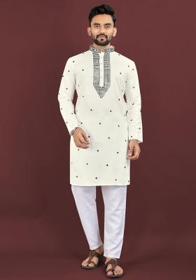 White Sequins Work Viscose Silk Kurta With Pyjama For Men