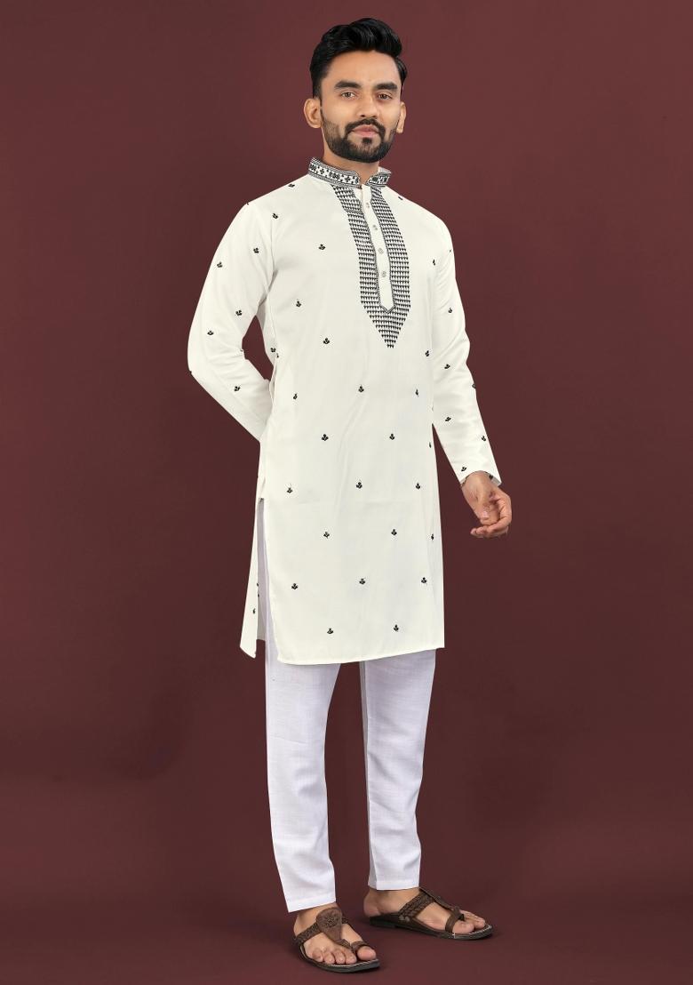 White Sequins Work Viscose Silk Kurta With Pyjama For Men - Indya
