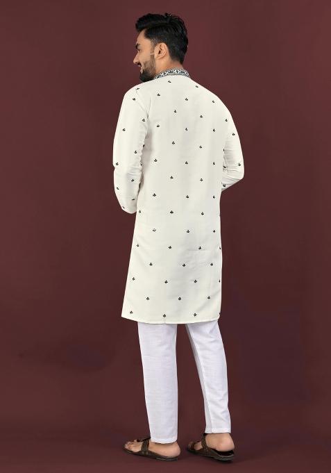 White Sequins Work Viscose Silk Kurta With Pyjama For Men