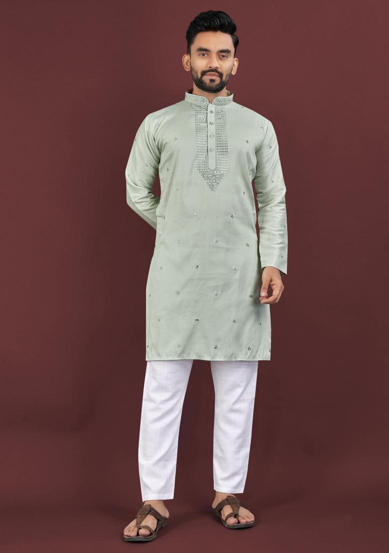 Grey Sequins Work Viscose Silk Kurta With Pyjama For Men