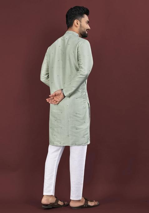 Grey Sequins Work Viscose Silk Kurta With Pyjama For Men
