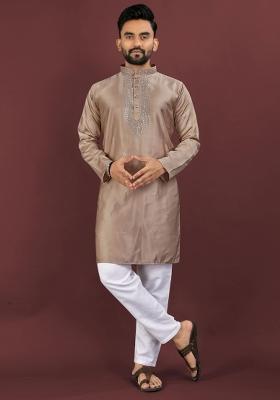Brown Sequins Work Viscose Silk Kurta With Pyjama For Men