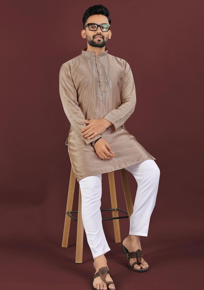 Brown Sequins Work Viscose Silk Kurta With Pyjama For Men - Indya