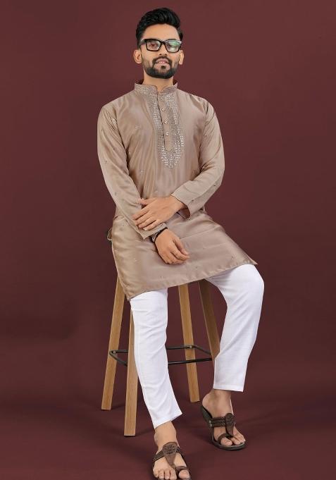 Brown Sequins Work Viscose Silk Kurta With Pyjama For Men