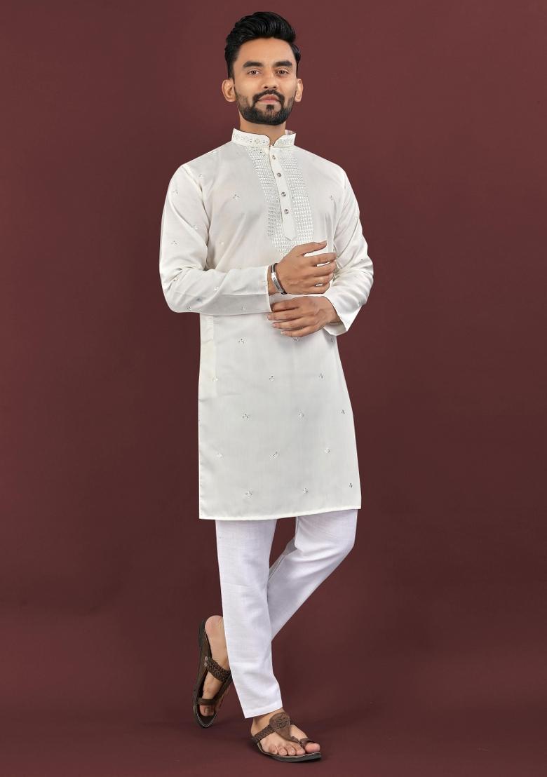 White Sequins Work Viscose Silk Kurta With Pyjama For Men