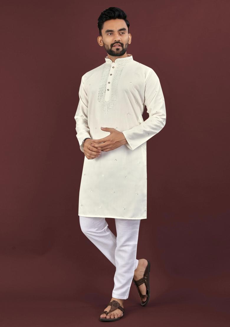 White Sequins Work Viscose Silk Kurta With Pyjama For Men - Indya