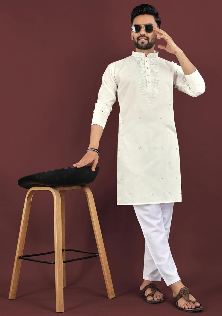 White Sequins Work Viscose Silk Kurta With Pyjama For Men