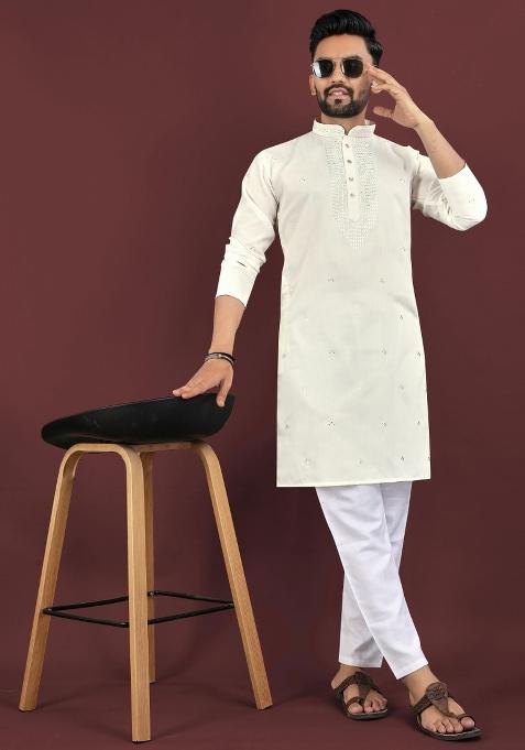 White Sequins Work Viscose Silk Kurta With Pyjama For Men