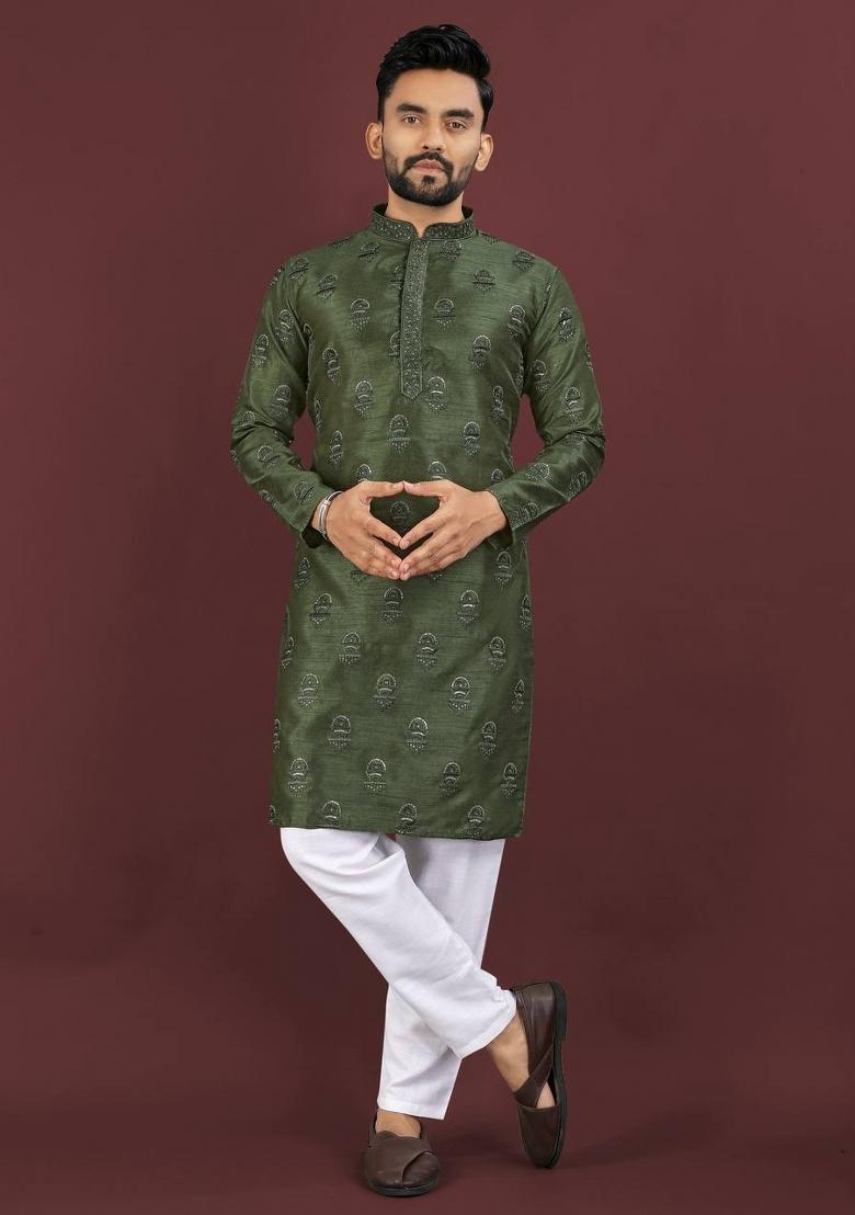 Green Sequins Work Silk Kurta With Pyjama For Men