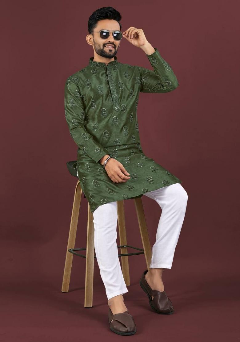 Green Sequins Work Silk Kurta With Pyjama For Men - Indya