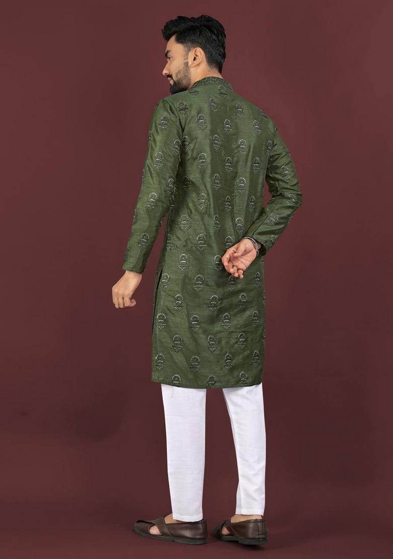 Green Sequins Work Silk Kurta With Pyjama For Men