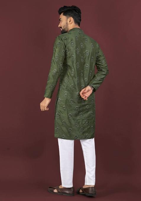 Green Sequins Work Silk Kurta With Pyjama For Men