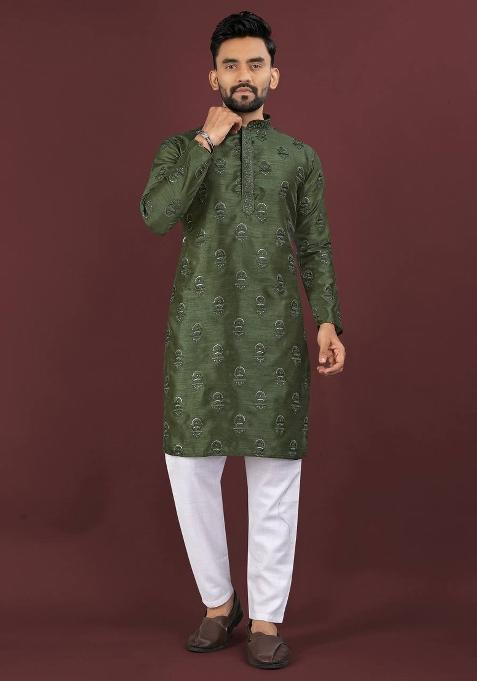 Green Sequins Work Silk Kurta With Pyjama For Men