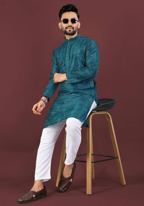 Blue Sequins Work Silk Kurta With Pyjama For Men