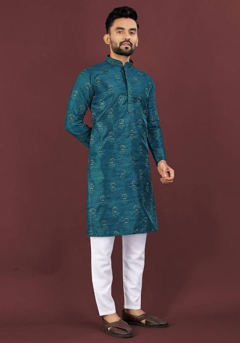 Blue Sequins Work Silk Kurta With Pyjama For Men
