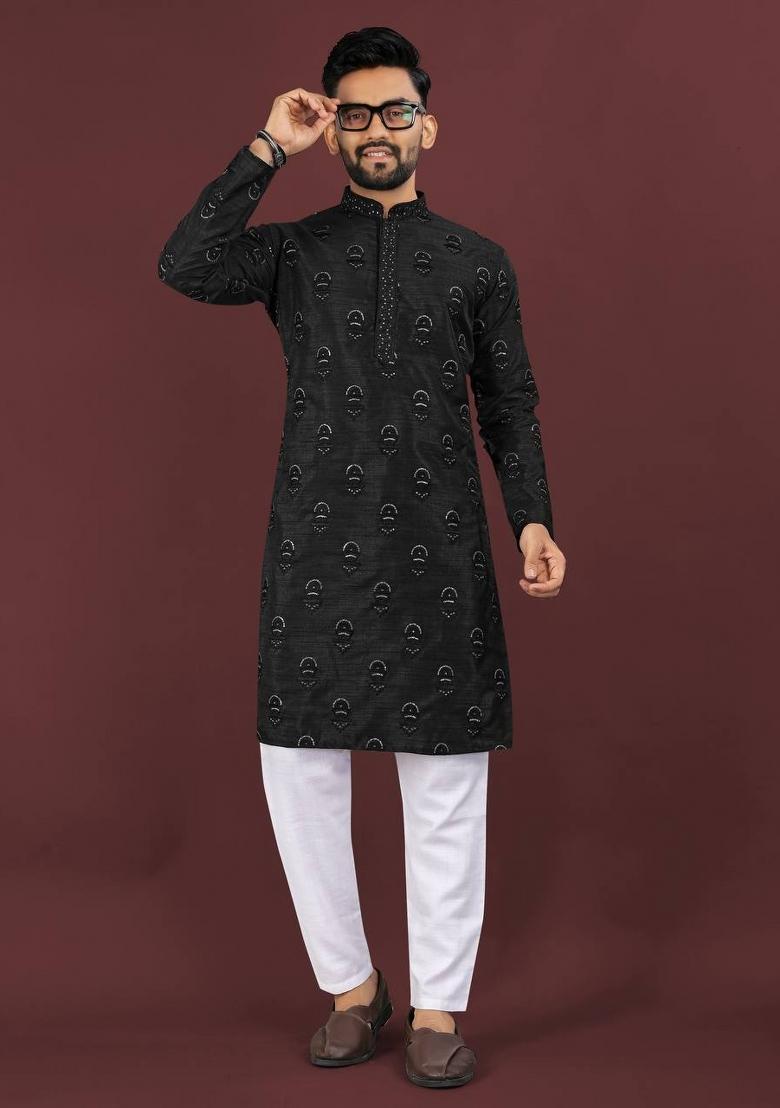 Black Sequins Work Silk Kurta With Pyjama For Men