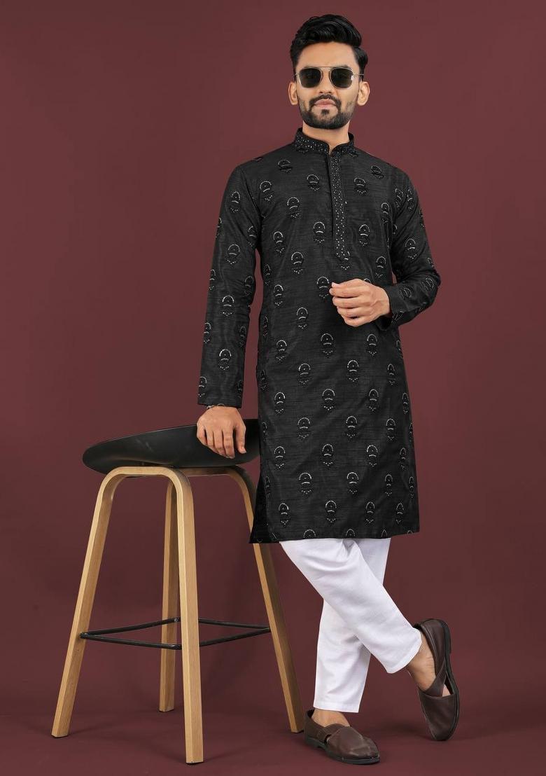 Black Sequins Work Silk Kurta With Pyjama For Men - Indya