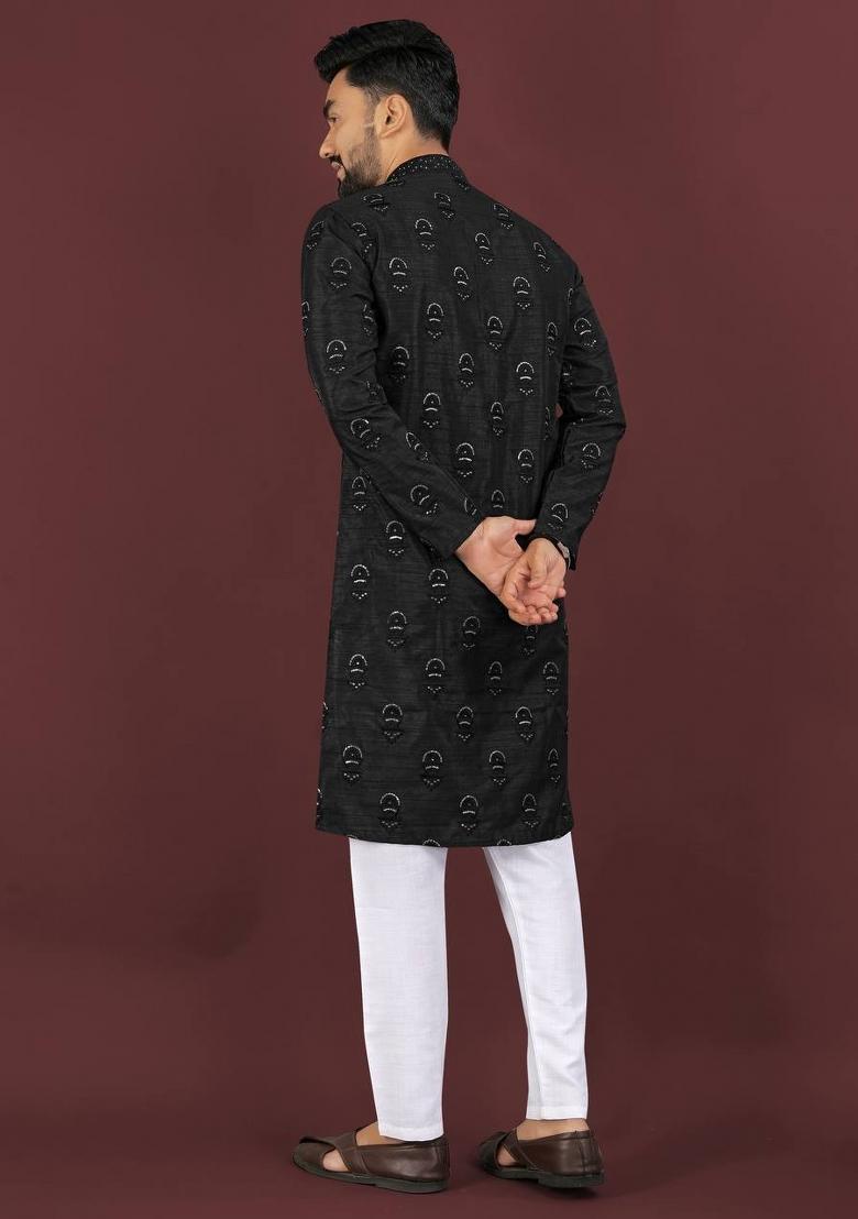 Black Sequins Work Silk Kurta With Pyjama For Men