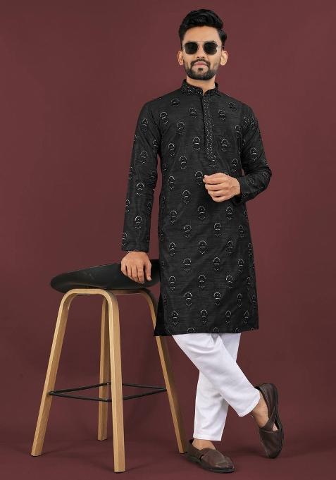 Black Sequins Work Silk Kurta With Pyjama For Men