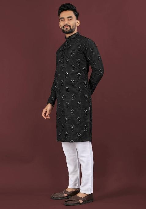 Black Sequins Work Silk Kurta With Pyjama For Men