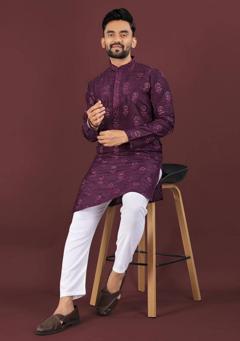 Wine Sequins Work Silk Kurta With Pyjama For Men
