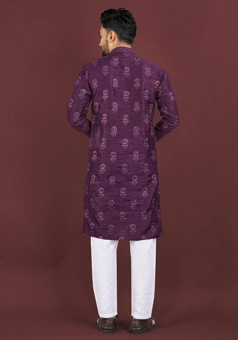 Wine Sequins Work Silk Kurta With Pyjama For Men