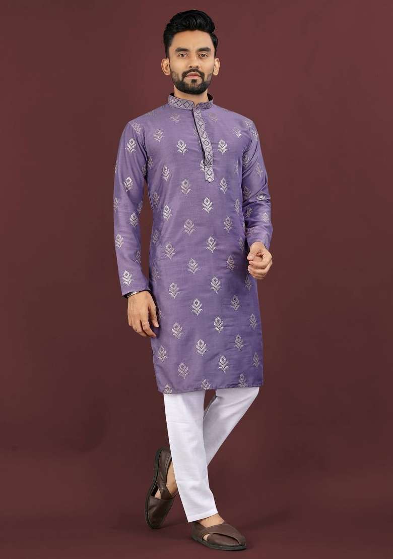 Purple Sequins Work Viscose Silk Blend Kurta With Pyjama For Men - Indya
