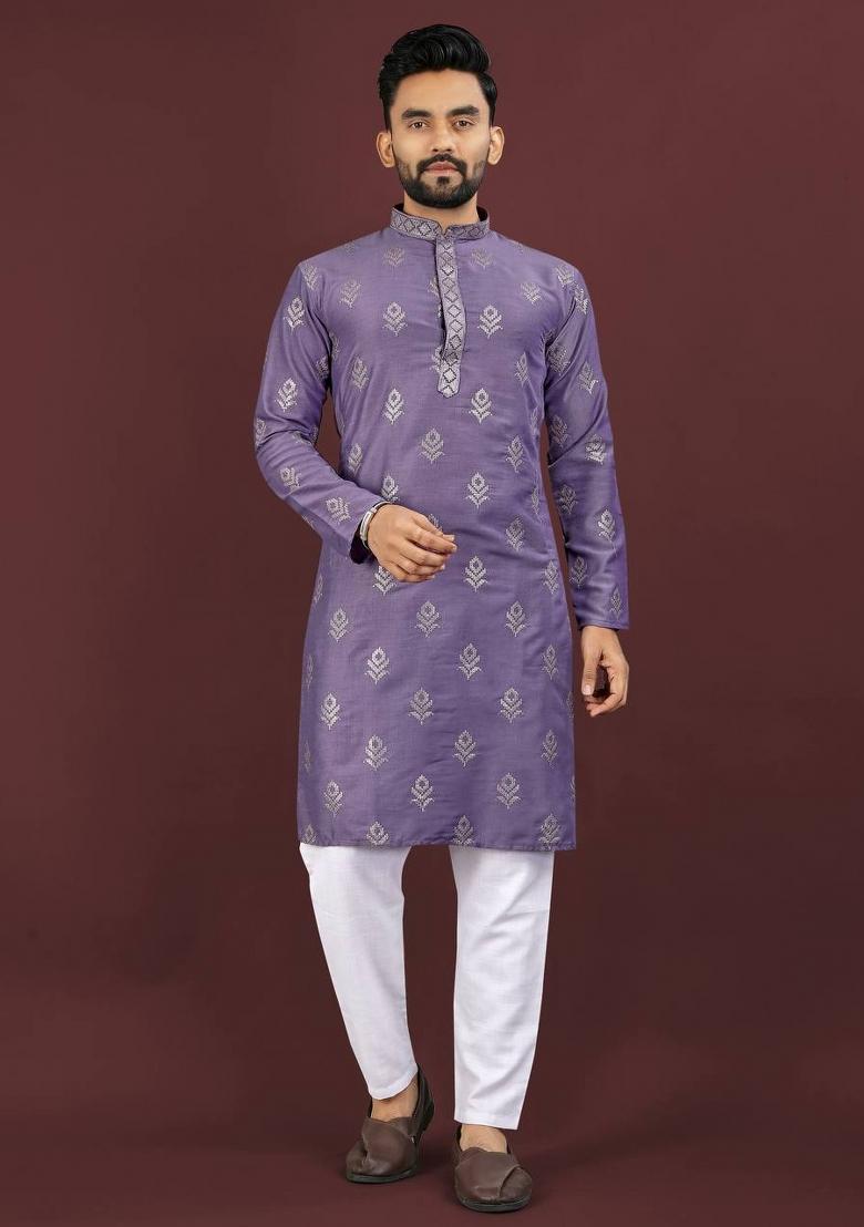 Purple Sequins Work Viscose Silk Kurta With Pyjama For Men - Indya
