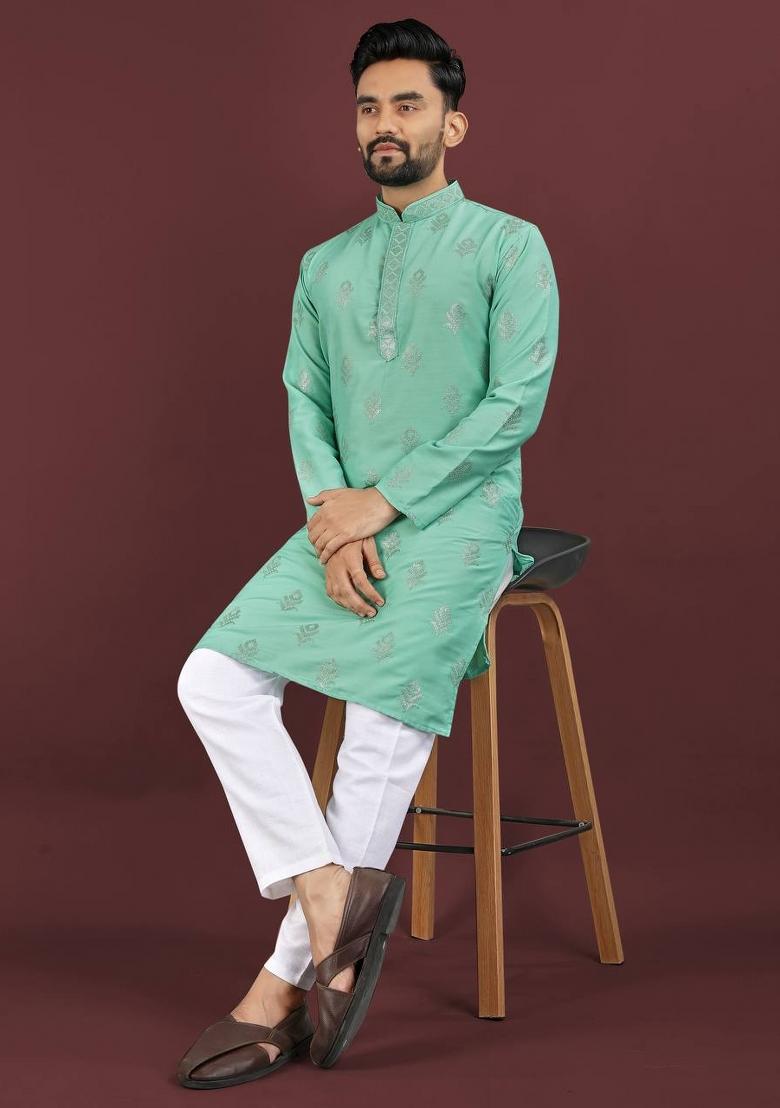 Sea Green Sequins Work Viscose Silk Kurta With Pyjama For Men - Indya
