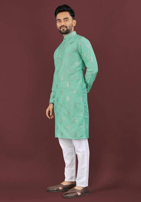 Sea Green Sequins Work Viscose Silk Kurta With Pyjama For Men
