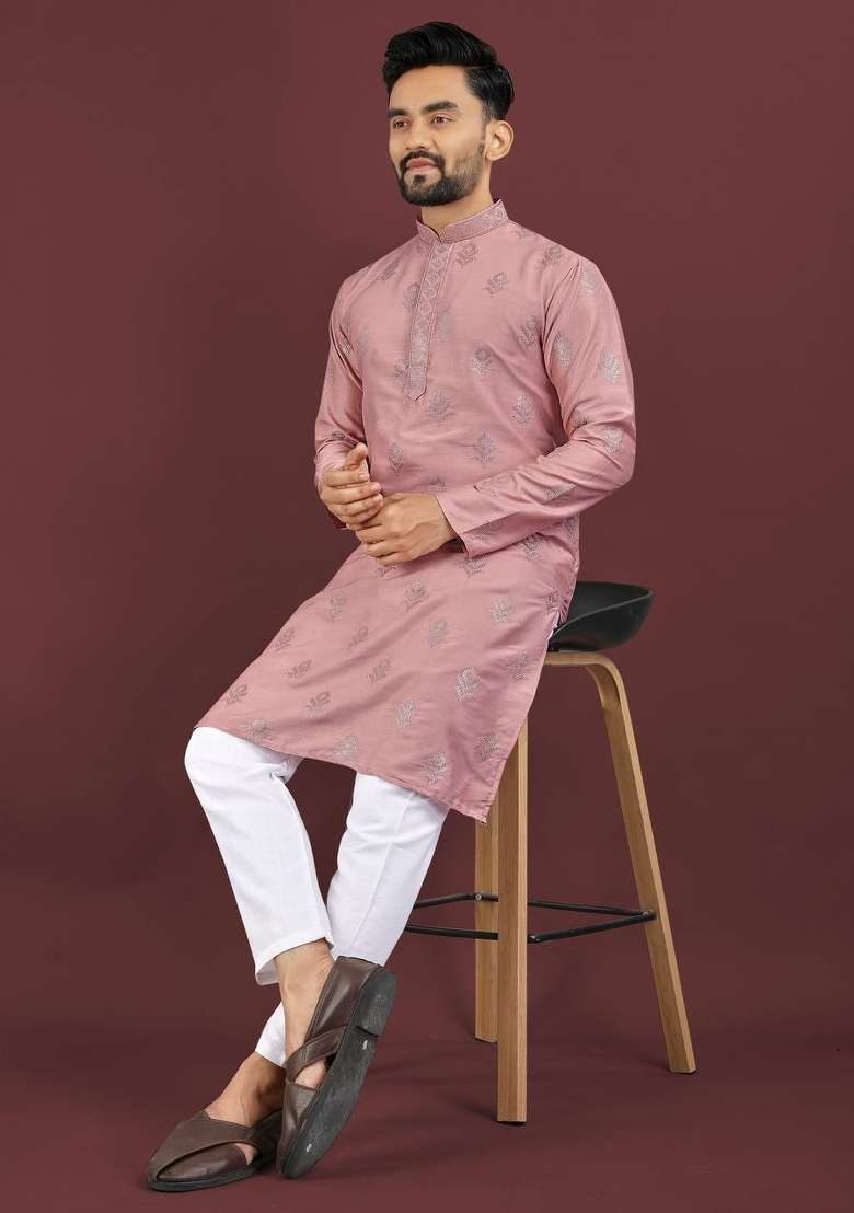 Pink Sequins Work Viscose Silk Kurta With Pyjama For Men - Indya