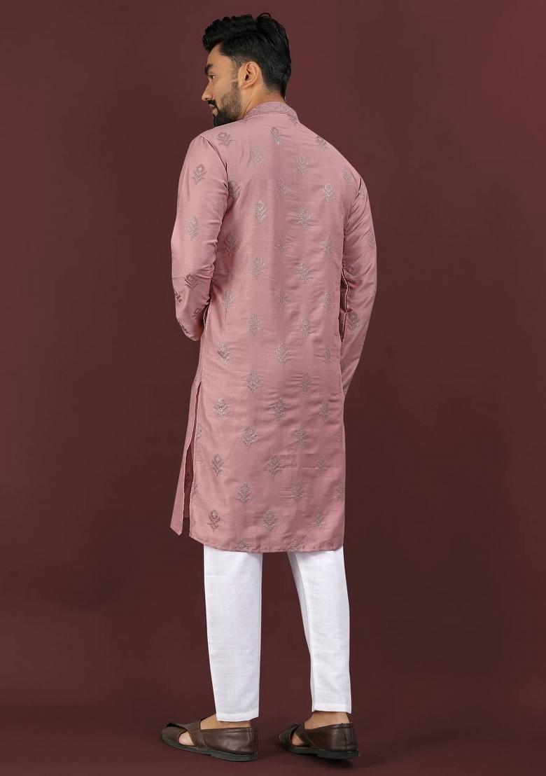 Pink Sequins Work Viscose Silk Kurta With Pyjama For Men - Indya