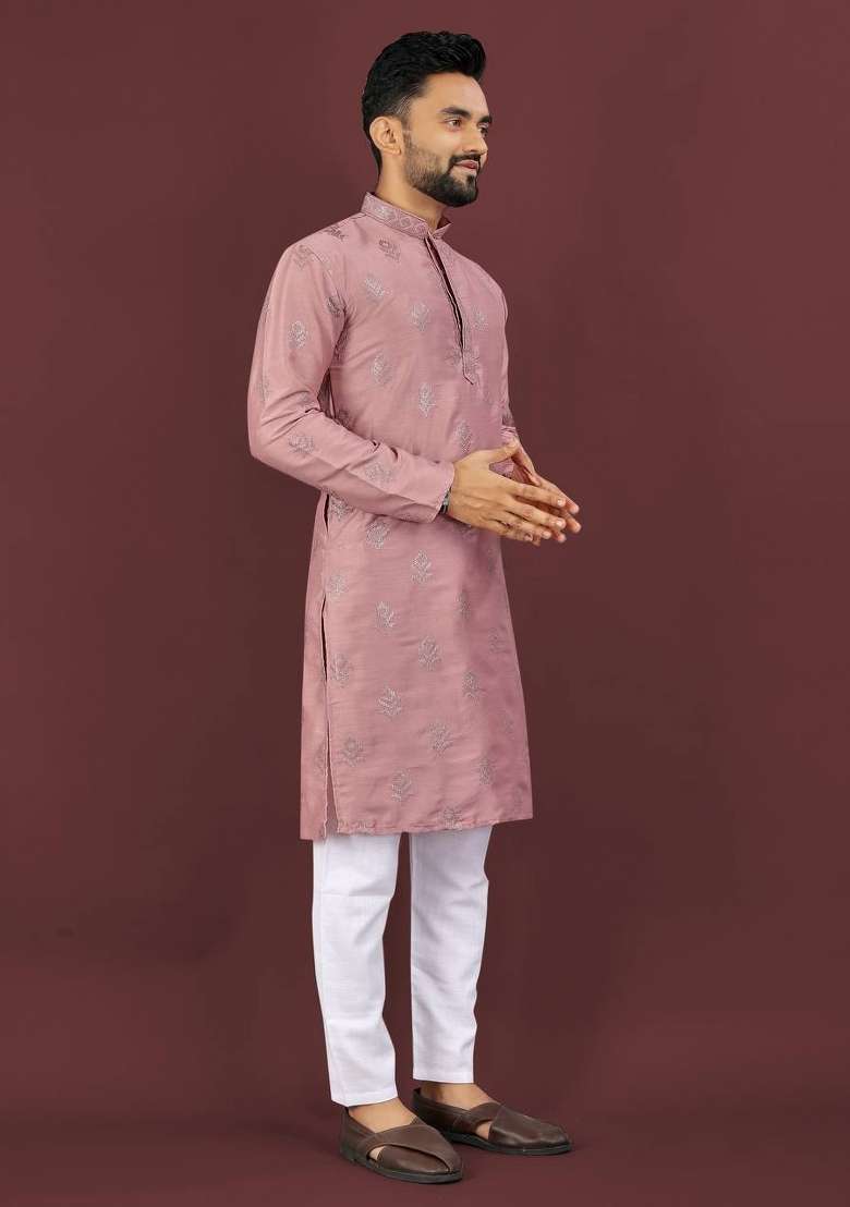 Pink Sequins Work Viscose Silk Kurta With Pyjama For Men - Indya
