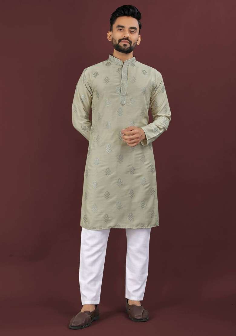 Olive Sequins Work Viscose Silk Blend Kurta With Pyjama For Men - Indya