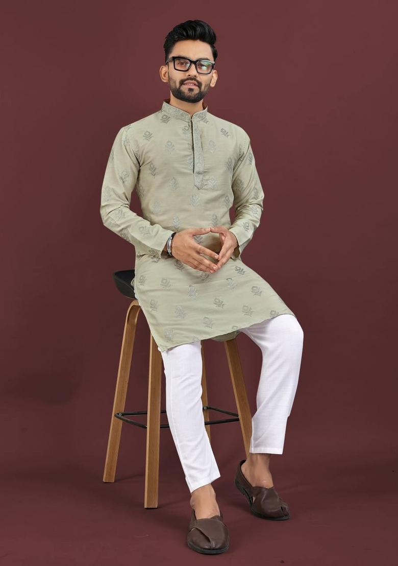 Olive Sequins Work Viscose Silk Kurta With Pyjama For Men - Indya