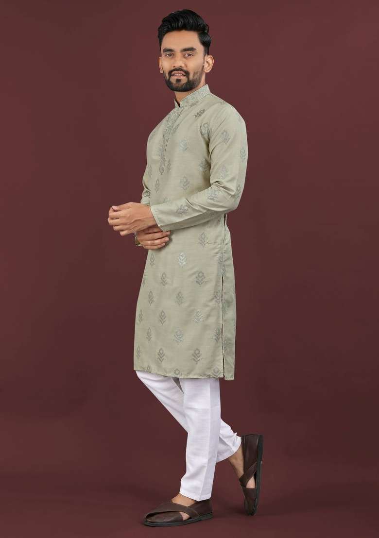 Olive Sequins Work Viscose Silk Blend Kurta With Pyjama For Men - Indya