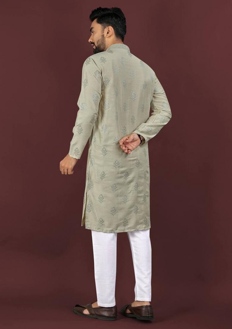 Olive Sequins Work Viscose Silk Kurta With Pyjama For Men - Indya