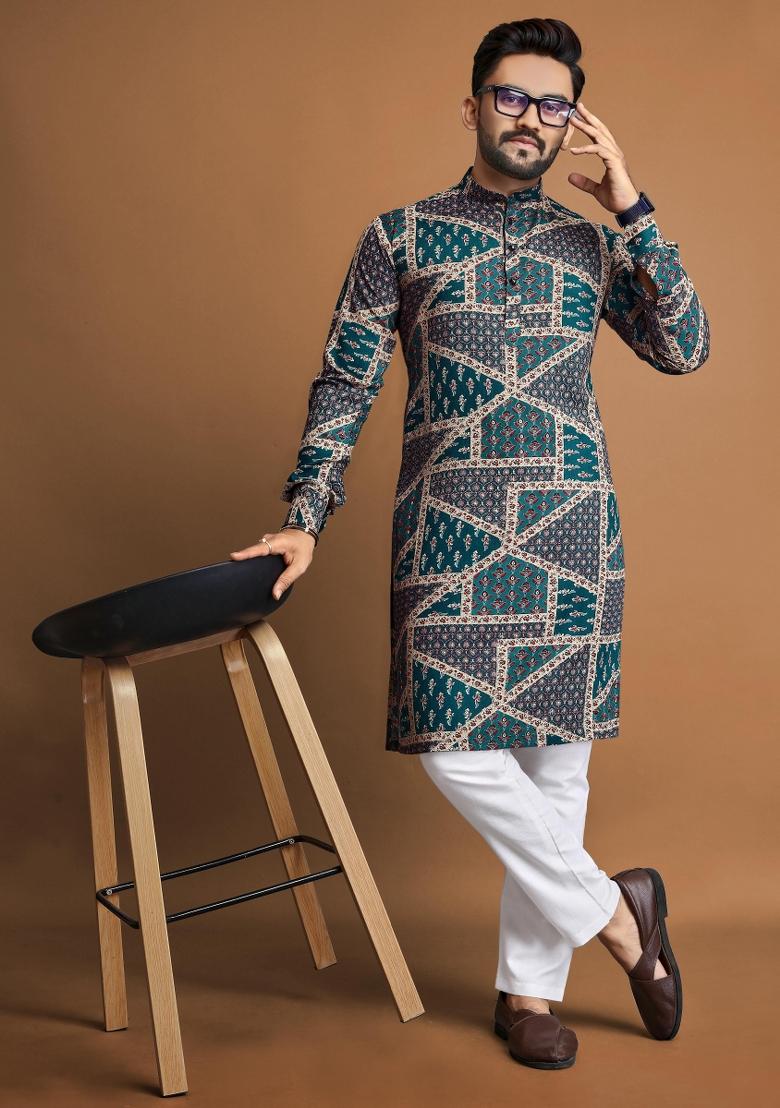Blue Embroidered Cotton Kurta With Pyjama For Men - Indya