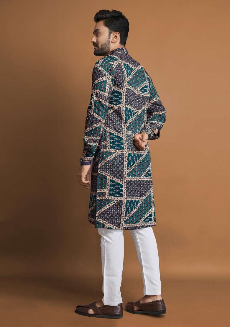 Blue Embroidered Cotton Kurta With Pyjama For Men - Indya