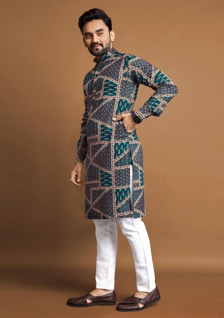Blue Embroidered Cotton Kurta With Pyjama For Men - Indya